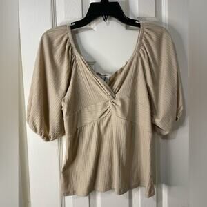 Who Wear What When Where Ribbed Beige Puff Sleeve Knot Top Large